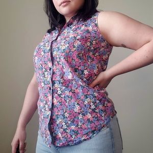 Vintage Floral Sleeveless Button Down